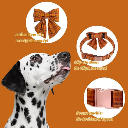 Maca Bates Fall Pumpkin Plaid Dog Collar with Sailor Bow Tie for Small Girl,Boy,Autumn Checkered Puppy Collars with Bowtie,Halloween Gingham Print Adjustable Breakaway Soft for Male Female Dogs