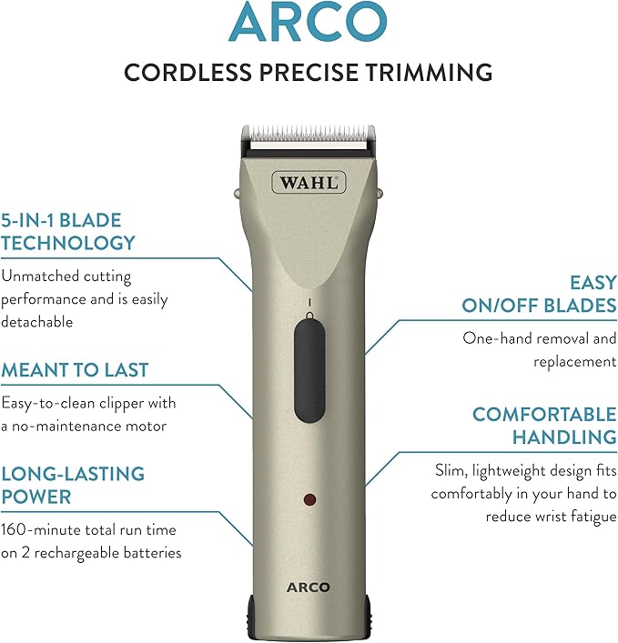 Wahl Professional Animal Arco Pet, Dog, Cat, and Horse Cordless Clipper Kit, Champagne (8786-452)