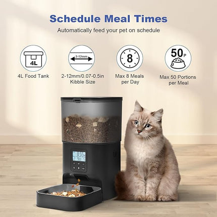 Automatic Cat Feeder, Cat Food Dispenser with 10s Voice Recorder, Pet Feeder up to 8 Meals per Day, Timed Feeder with Dry Food Sealed Ring (Black, 4L)