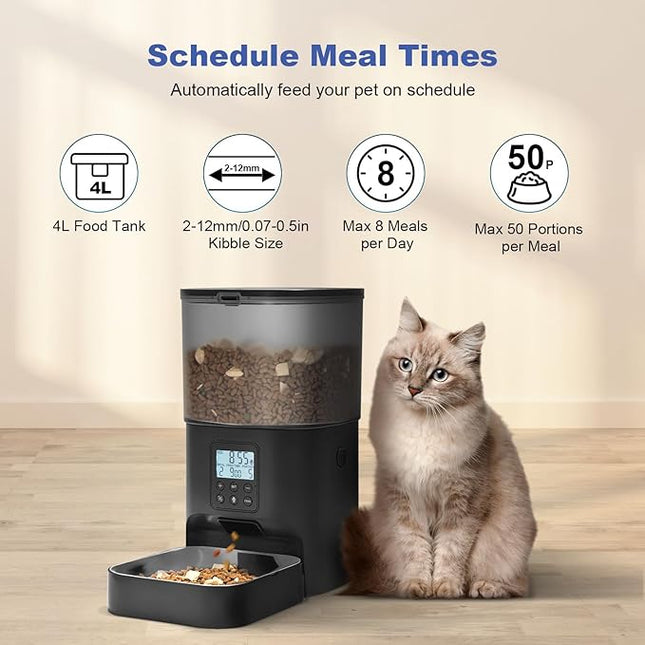 Automatic Cat Feeder, Cat Food Dispenser with 10s Voice Recorder, Pet Feeder up to 8 Meals per Day, Timed Feeder with Dry Food Sealed Ring (Black, 4L)