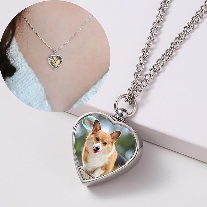 Custom Ashes Necklace Pet Memorial Gift with Photo Text,Personalized Dog/Cat Cremation Jewelry Keepsake.Double-sided customized heart-shaped pendant urn necklaces for dog cat lover Women and Men