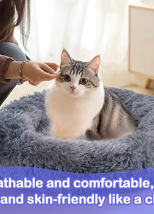 Cat Bed - Calming Cat Bed for Small Kittens Donut Washable Round for Indoor Kittens and Puppies, Anti-Slip Round Fluffy Plush Faux Fur,Large, Dark Blue