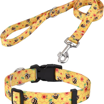 Dog Collar and Leash Set with Bohemia Floral Tribal Geometric Patterns - Soft Ethnic Style Collar Adjustable for Small Medium Large Dogs(Bee Set,L)
