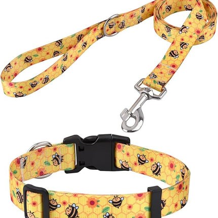 Dog Collar and Leash Set with Bohemia Floral Tribal Geometric Patterns - Soft Ethnic Style Collar Adjustable for Small Medium Large Dogs(Bee Set,XS)