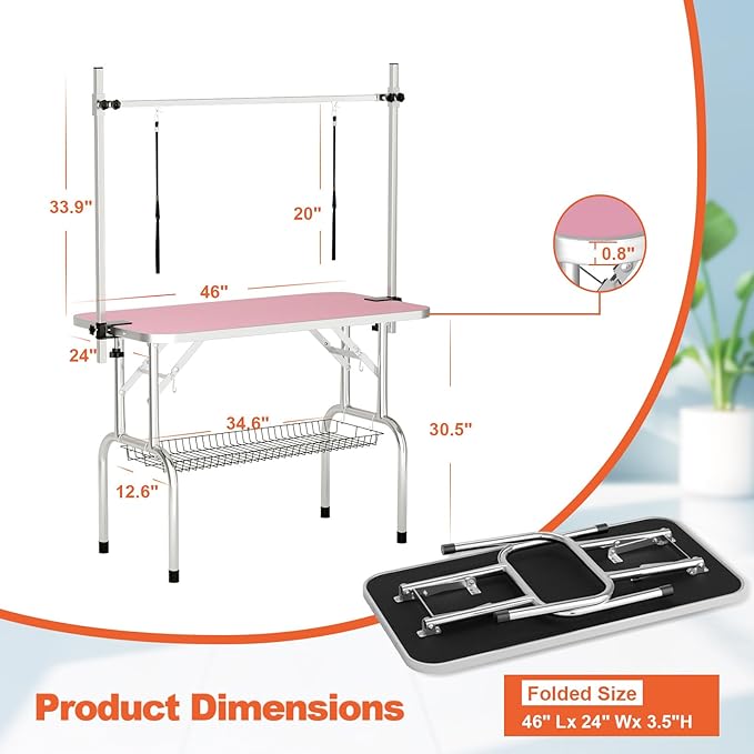 46'' Dog Grooming Table for Large Dogs, Foldable Professional Grooming Table for Dogs at Home with Double Loops/Mesh Tray/Adjustable Arm, Capacity up to 330lbs, Pink
