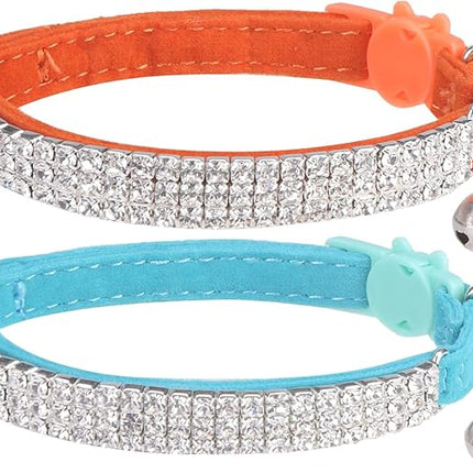 EXPAWLORER Soft Velvet Safe Cat Collars for Girl Cats -2 Pack Rhinestones Bling Diamante Adjustable Collars Breakaway- Chirstmas Cat Clollar Gifts with Bells for Boy Cats Kitty and Small Dogs