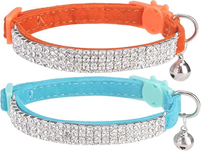 EXPAWLORER Soft Velvet Safe Cat Collars for Girl Cats -2 Pack Rhinestones Bling Diamante Adjustable Collars Breakaway- Chirstmas Cat Clollar Gifts with Bells for Boy Cats Kitty and Small Dogs