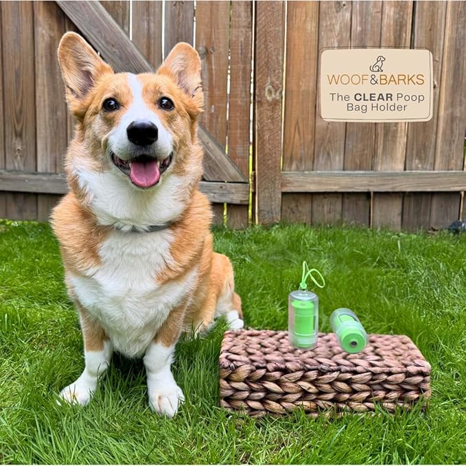 Woof & Barks CLEAR Dog Poop Bag Holder and Dispenser with Leash Attachment, Includes 1 Standard Roll of Green Poop Bags