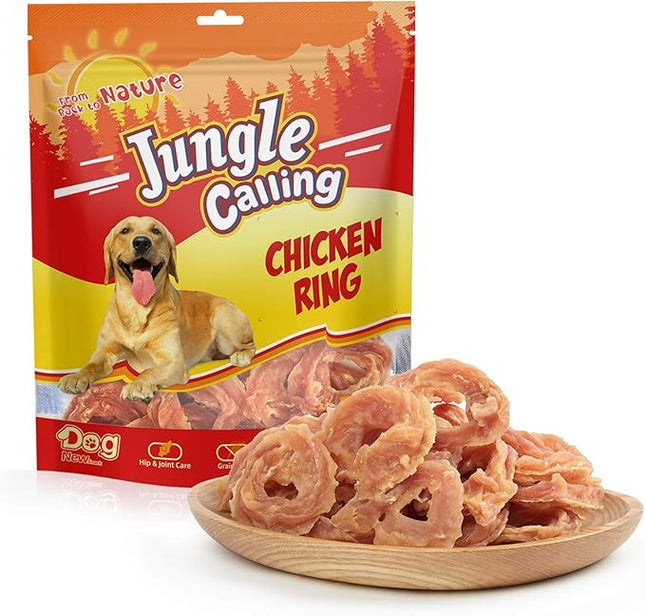 Jungle Calling Chicken Rings Dog Treats, Slow Roasted Chicken Jerky, Rawhide Free Dog Chews, High Protein Training Treats, Hip and Joint Health with Glucosamine, 10.6 oz