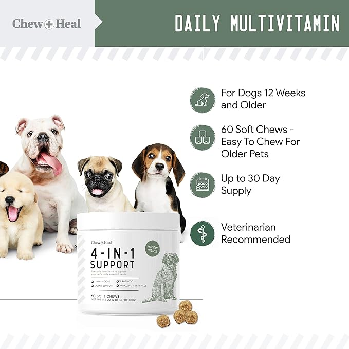 All in 1 Dog Vitamins and Supplements, 240 Soft Chew Multivitamins with Glucosamine, Probiotics, Omega Fish Oil -for Skin, Coat, Hip, Joint & Gut Health -Senior & Puppy (2 Packs of 120)