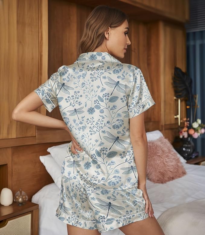 Women’s Silk Satin Pajama Set, Short Sleeve Button Down 2 Piece PJs with Shorts, Cozy Loungewear & Matching Holiday Pajamas