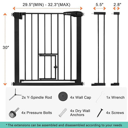 COMOMY Auto Close Baby Gate with Cat Door, 29.5"-40.5" Extra Wide Dog Gate for House Doorways Stairs, Pressure Mounted Easy Walk Thru Pet Gate, Includes 4 Wall Cups and 2 Extension Pieces, Black