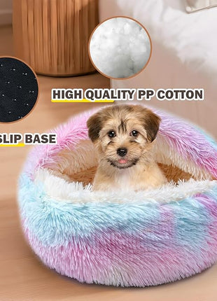 Cat Bed for Indoor Cats, Calming Cozy Cave with Self-Warming Plush, Entire Bed Machine Washable & Anti-Slip Base, Breathable Pet Bed for Small Cats&Dogs All Seasons (Dazzling Colors, 20 * 20inch)