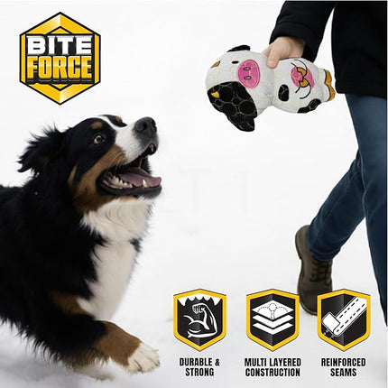 Bite Force -Durable & Strong Dog Toy Cow with Squeaker, Kevlar-Reinforced for Aggressive Chewers for Small Medium Large Dogs - Green.