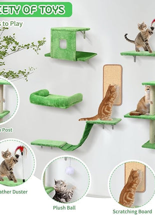 Cat Wall Shelves, 6 in 1 Cat Wall Furniture Set with Condos House, Bed, Bridge, Tree, Steps, Scratching Board, DIY Walls Playground for Indoor (Green)