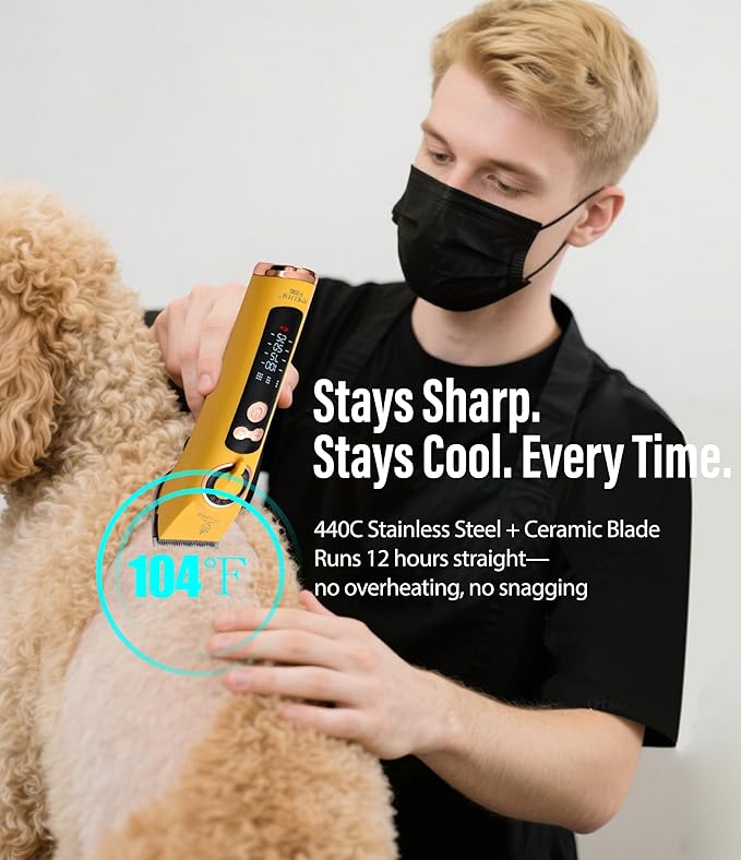 Professional Dog Grooming Clippers with 12H Runtime & Replaceable 440C Blade, 3-Speed Low Noise Electric Dog Shaver for Thick, Matted, Curly Hair, Cordless Clipper for Groomer & Home Use, Yellow