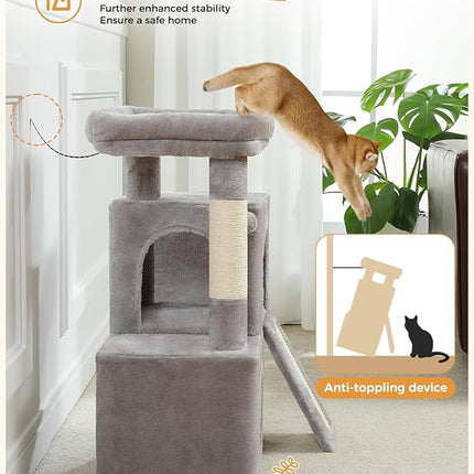 PAWZ Road Cat Tree, 30 Inches Cat Tower with Dual Condos for Indoor Cats, Plush Cat House with Padded Perch, Scratching Ramp and Posts and Replaceable Balls-Gray