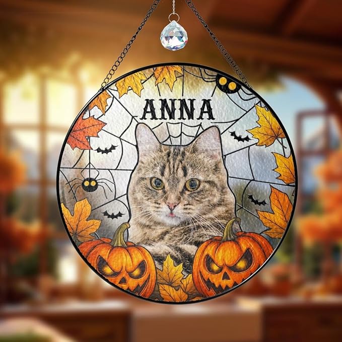 Custom Stained Glass Dog Halloween, Personalized Pumpkin Dog Portrait from Photo, Spooky Dogs Fall Decor, Dogs Witch Halloween, Pet Sympathy Gift, Pet Memorial Decor /20