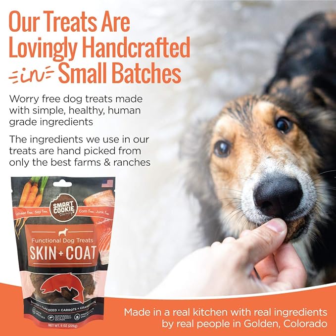 Smart Cookie All Natural Dog Treats - Healthy Skin & Coat Salmon Dog Treats - Ideal for Sensitive Stomachs or Itchy, Allergic, Dry Skin - Dehydrated, Crunchy, Human-Grade, Made in USA - 8oz, Pack of 3