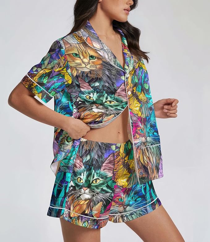 Women’s Silk Satin Pajama Set, Short Sleeve Button Down 2 Piece PJs with Shorts, Cozy Loungewear & Matching Holiday Pajamas