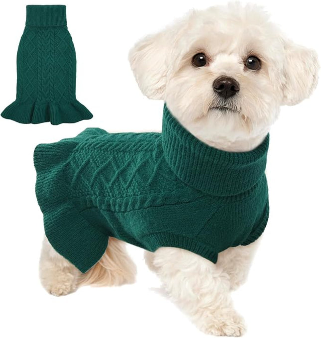 Lelepet Dog Sweater Christmas Turtleneck Knitwear Sweatshirt Cable Knit Warm Dress for Small Medium Large Dogs Puppy Fall Clothes, Chihuahua, XS, Green