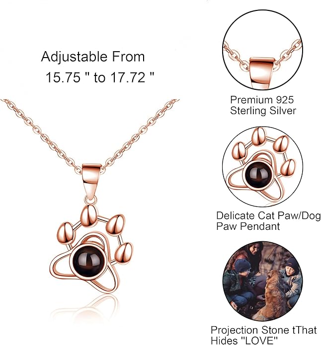 925 Sterling Silver Paw Print Necklace with Picture Inside–Personalized Memorial Necklace, Custom Photo Jewelry with Gift Box, Pet Jewelry Keepsake