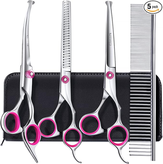 Gimars Dog Grooming Scissors Kit Professional 4CR with Safety Round Tip, 5 in 1 Heavy Duty Titanium Coated Thinning & Curved & Straight Shears