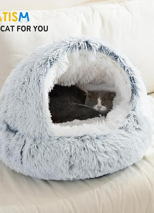 CATISM Cozy Plush Hooded Cat Bed, Indoor/Outdoor, Self-Warming Cave, Removable Washable Non-Slip Bottom