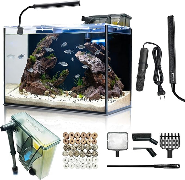 10 Gallon Aquarium Set Glass Fish Tank, Heater Self Cleaning System Filter with Media Bright Light Cleaning Tool, Leak-Proof Clear Rimless Betta Tropical Freshwater Fish
