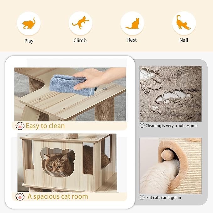 65-Inch Multi-Pure Wood-Level Cat Tree Tower with Condo, 13 Scratching Posts, with Padded Platform Bed, Toy Balls, and Sisal Scratching,Cat Tree for Indoor Cats Large Adult，Wood cat Tree.