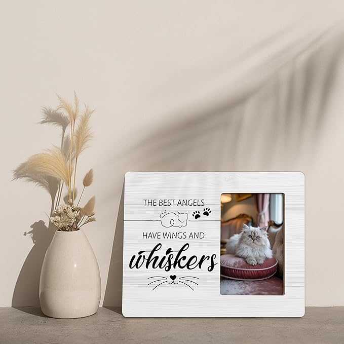 Cat Memorial Gifts for Loss of Cats Sympathy Picture Frame, The Best Angels Have Wings and Whiskers Frames Fits 4x6 Photo