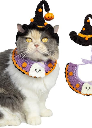 Cat Halloween Costume-Handmade Knitted Cute Ghost Bandana & Black Witch Hat for Cats and Small Sized Dogs, Festive Pet Apparel, Adjustable and Breathable Dog Costume,Also Suits Dolls
