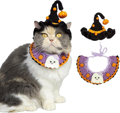 Cat Halloween Costume-Handmade Knitted Cute Ghost Bandana & Black Witch Hat for Cats and Small Sized Dogs, Festive Pet Apparel, Adjustable and Breathable Dog Costume,Also Suits Dolls