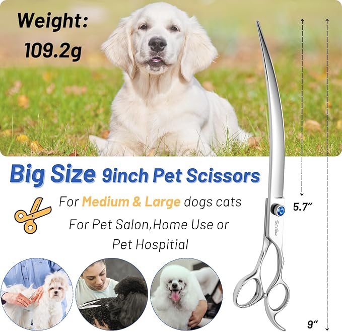 9inch Curved Dog Grooming Scissors, VG10 Steel Sharp Dog Scissors for Grooming, 30 Degree Bend, Heavy Duty Pet Trimming Shears for Dogs Cats at Home & Groomer, Professional with CNC Screw & Blunt Tip