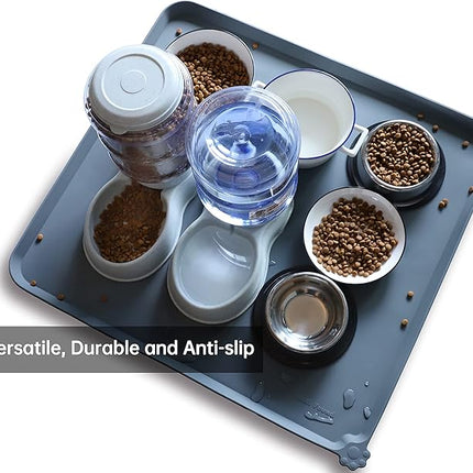 Hoki Found XX-Large Silicone Pet Feeding Mats - Non Slip Cat Dog Bowl Mats - Waterproof, Gray (28'' x 26'')