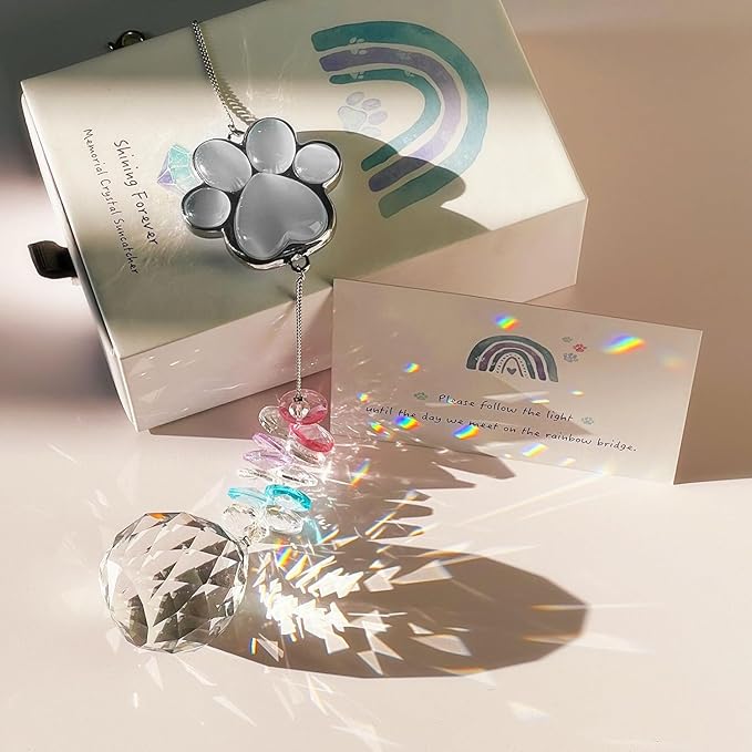 Pet Memorial Gifts for Dogs, Loss of Cat Sympathy, Remembrance Bereavement Crystal Suncatcher with Natural Cat's Eye Stone Paw, Rainbow Bridge Memorial Gift for Passing Away Loving Pets