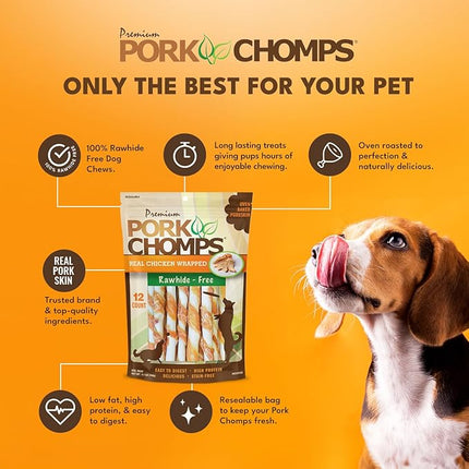 Pork Chomps Baked Pork Skin Dog Chews, 5-inch Mini Twists, Real Chicken Wrap, 12 Count