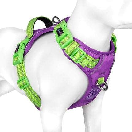 PHOEPET No Pull Dog Harness, Unique Colors Reflective Adjustable Dog Vest, with Soft Training Handle Metal Clips for Small Medium Large Dogs (Purple Base & Green Straps,XL)