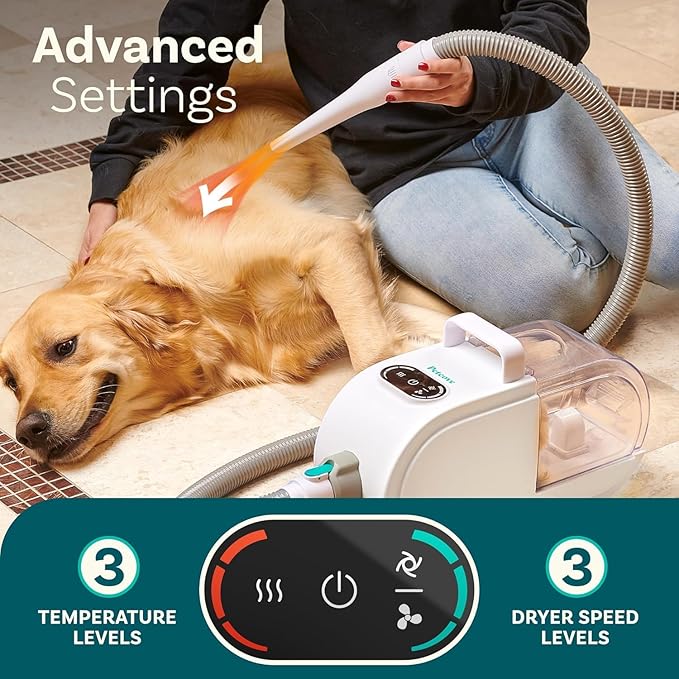 Dog Grooming Kit – Pet Clippers, Nail Grinder & Blow Dryer with Quiet 3-Speed Suction, 3 Heat Settings, 2.6L Dog Hair Vacuum Dust Bin, HEPA System, Self-Cleaning Brushes