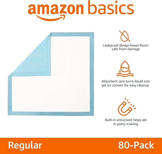 Amazon Basics Heavy Duty Dog and Puppy Pee Pads, 5-Layer Leak-Proof Ultra Absorbent, Quick-Dry Surface, Potty Training, Regular (24x23"), 80 Count, Blue & White