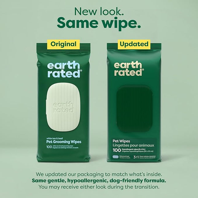 Earth Rated Pet Wipes for Dogs and Cats, Hypoallergenic, 3-in-1 Cleaning, Deodorizing and Hydrating, for Grooming Paws, Body and Butt, New White Tea and Basil Scent, 100 Count
