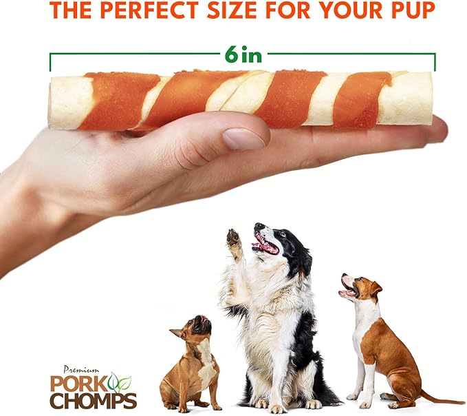 Pork Chomps Baked Pork Skin Dog Chews, 6-inch Twists, Real Sweet Potato Wrap, 4 Count (Pack of 2)