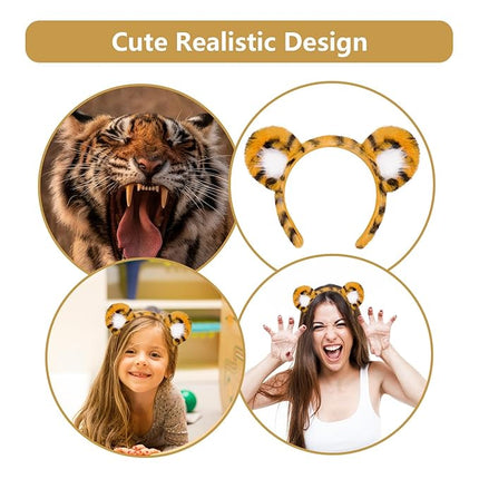 Beviliu 2Pack Animals Ear Tiger Ears Headband Realistic Fluffy Cat Bunny Dog Monkey Headbands Halloween Christmas Costume for Washing Makeup Cosplay Party