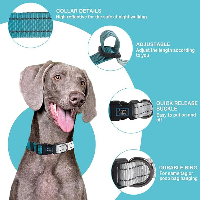 Roses&Poetry Dog Collars for Medium Dogs, Adjustable Durable Pet Collars for Small Medium Large Dogs (Teal-M)