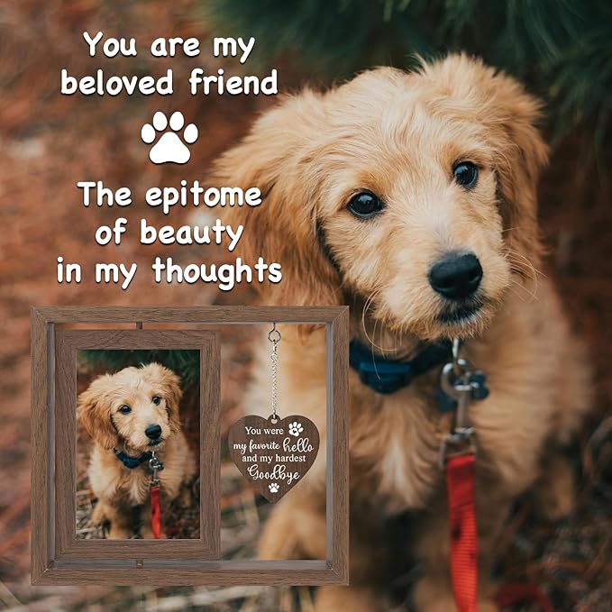 Dog Memorial Gifts for Loss of Dogs, Rotating Wooden Dog Memorial Frame for 4x6 Photo, Pet Loss Sympathy Remember Gift for Dogs and Cats