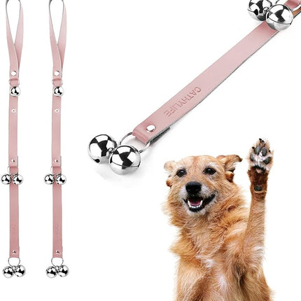 Leather Dog Doorbells for Door Knob/Potty Training/Go Outside, Length Adjustment Copper Dog Bell, Housetraining Hanging Bell, Pink Leather Silver Bells - 2 Pack
