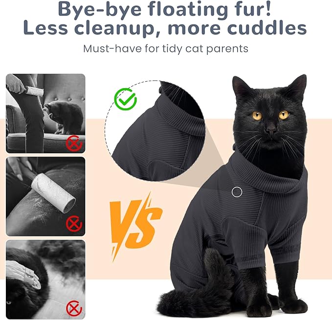 Sticky Hair Cat Clothes, Breathable & Lightweight, Reduces Shedding Fur Pajamas, Full Body Long Sleeve Surgical Bodysuit, Stop Licking & Shedding,Darkgrey,XL
