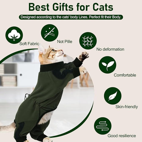 Cat Pajamas for Cats Only, Sticky Hair Cat Clothes, Long Sleeve Sphynx Clothes, Anti-Licking or Skin Disease Recovery Suit for Female Cats, Kitten Onesie Pajamas, ArmyGreen, M