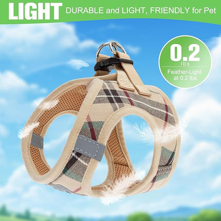 EXPAWLORER Plaid Small Dog Harness and Leash Set with AirTag Holder - Soft Padded Step in Dog Vest Harness Medium Sized Dog, No Pull Reflective Puppy Harness, Collar and Leash for Walking, Khaki S