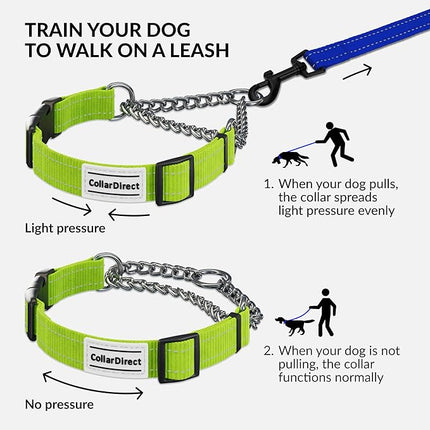 CollarDirect Martingale Dog Collar with Stainless Steel Chain and Quick Release Buckle - Reflective Collar for Large, Medium, Small Dogs - Lime Green, Small (Neck Size 12"-15")